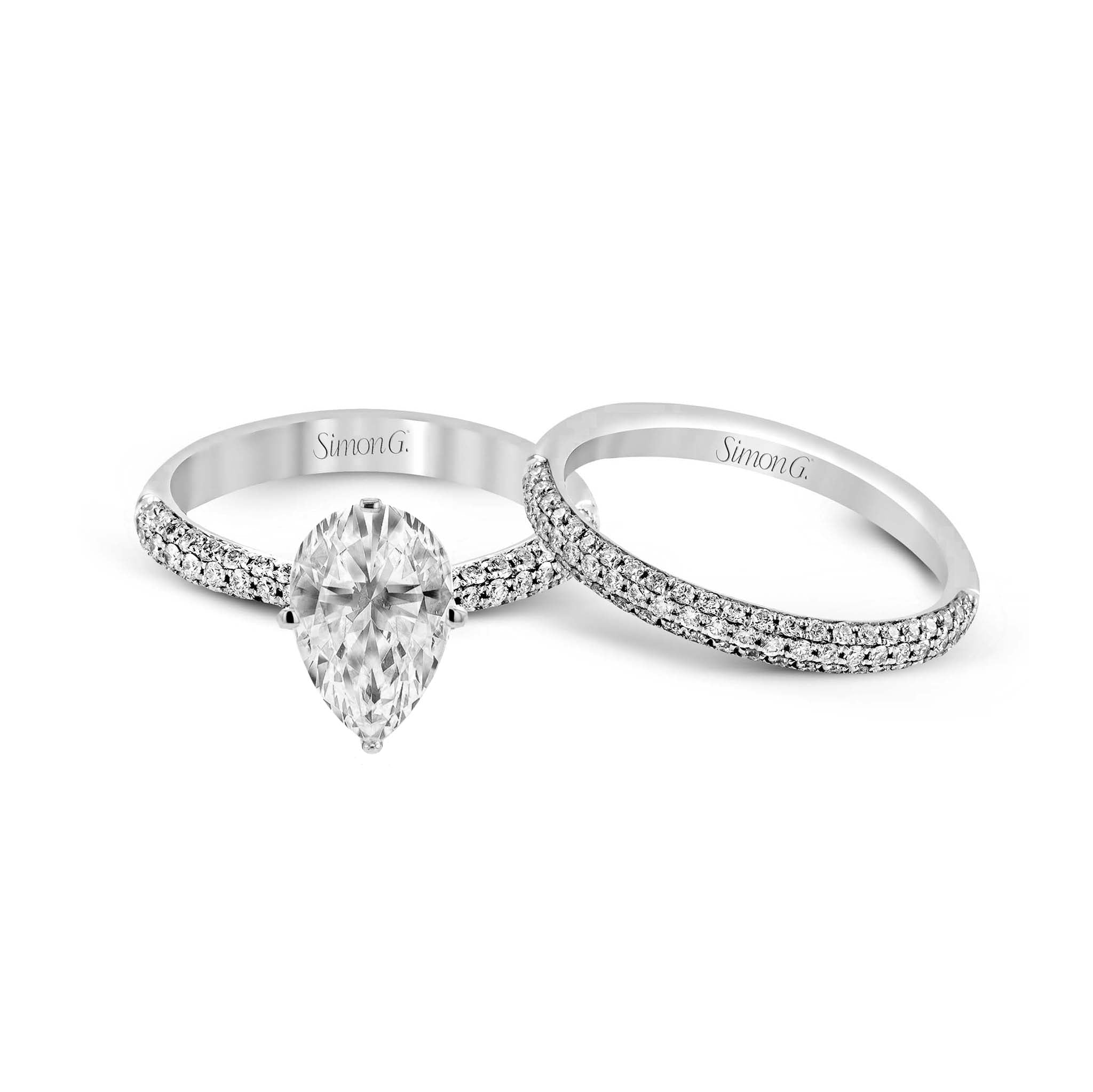 Pear - cut Engagement Ring & Matching Wedding Band in 18k Gold with Diamonds - Simon G. Jewelry