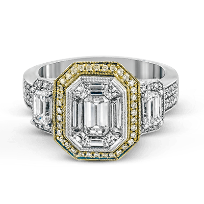 Emerald - cut Halo Engagement Ring in 18k Gold with Diamonds - Simon G. Jewelry
