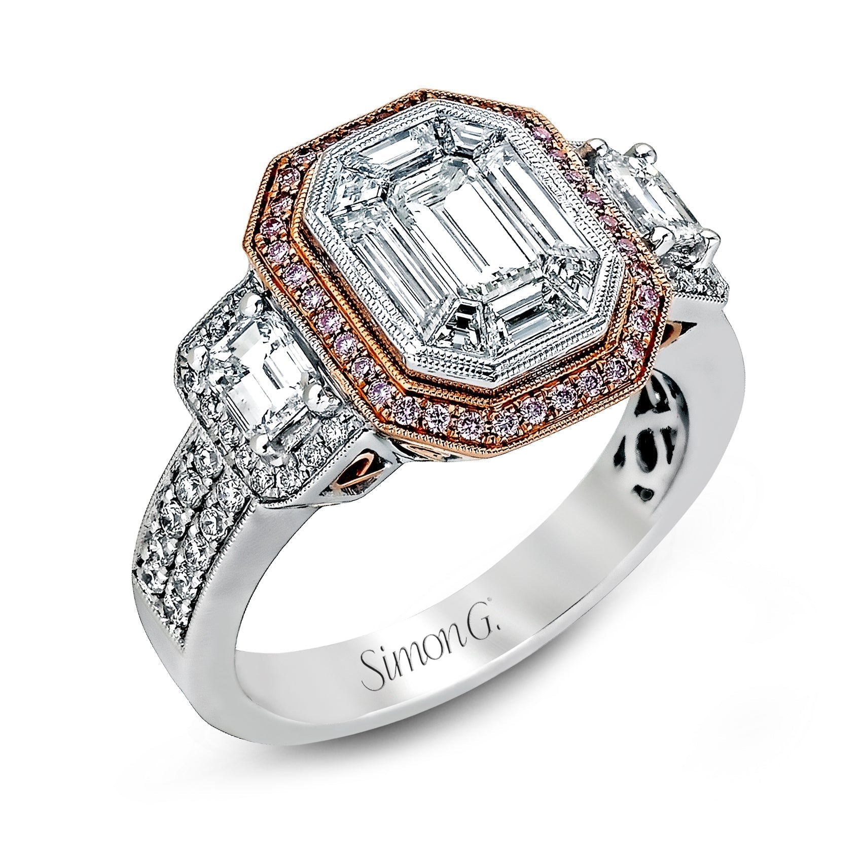 Emerald - cut Halo Engagement Ring in 18k Gold with Diamonds - Simon G. Jewelry