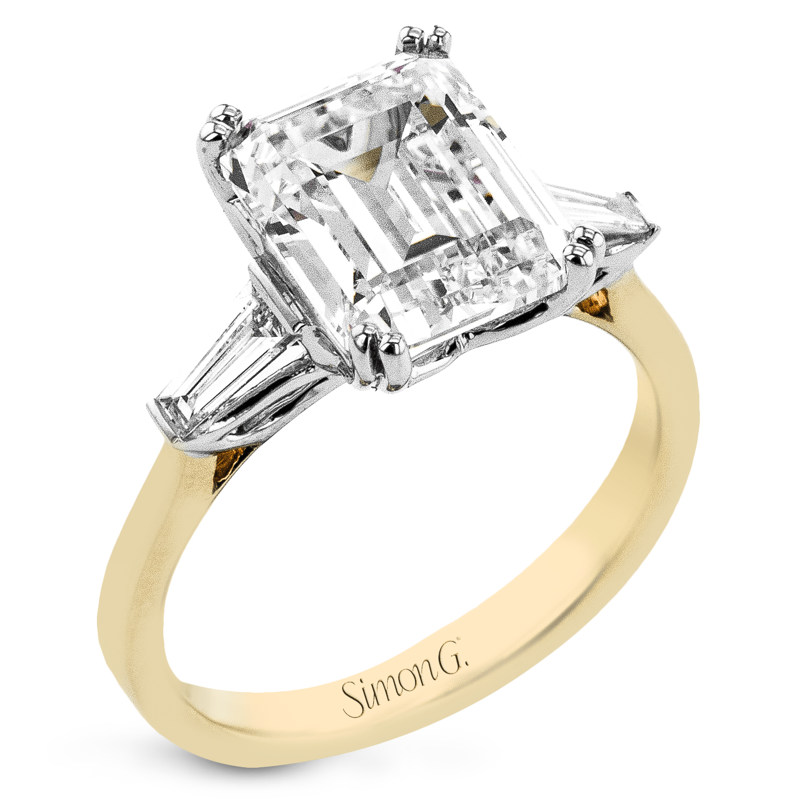Emerald - cut Three - stone Engagement Ring in 18k Gold with Diamonds - Simon G. Jewelry