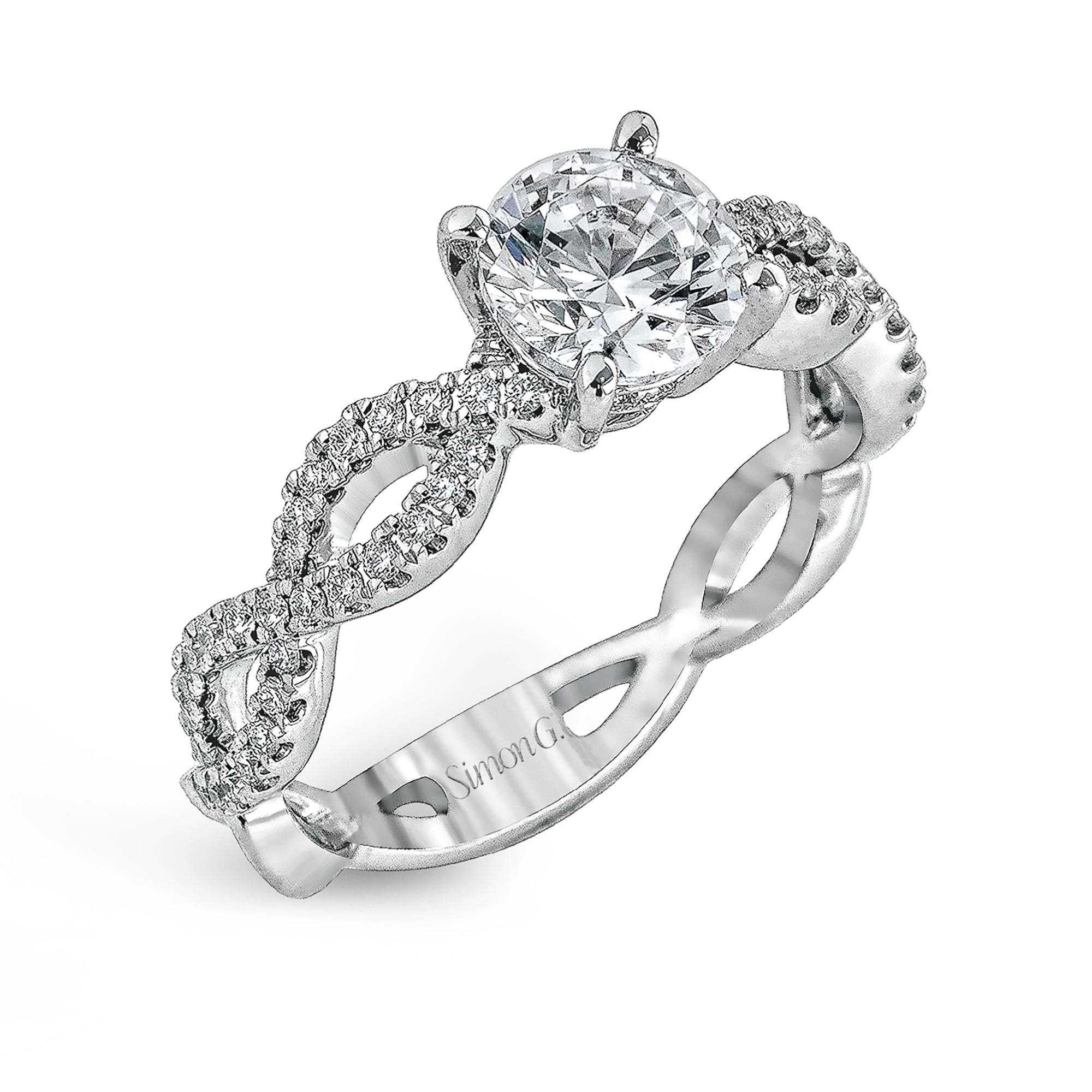 Round - cut Criss - cross Engagement Ring & Matching Wedding Band in 18K Gold with Diamonds - Simon G. Jewelry