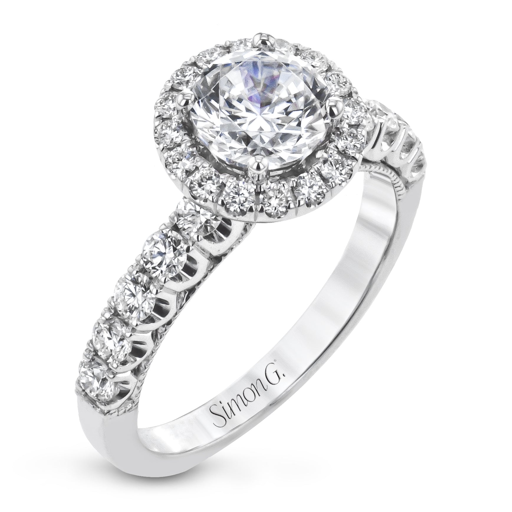 Round - cut Halo Engagement Ring & Matching Wedding Band 18k Gold with Diamonds - Simon G. Jewelry