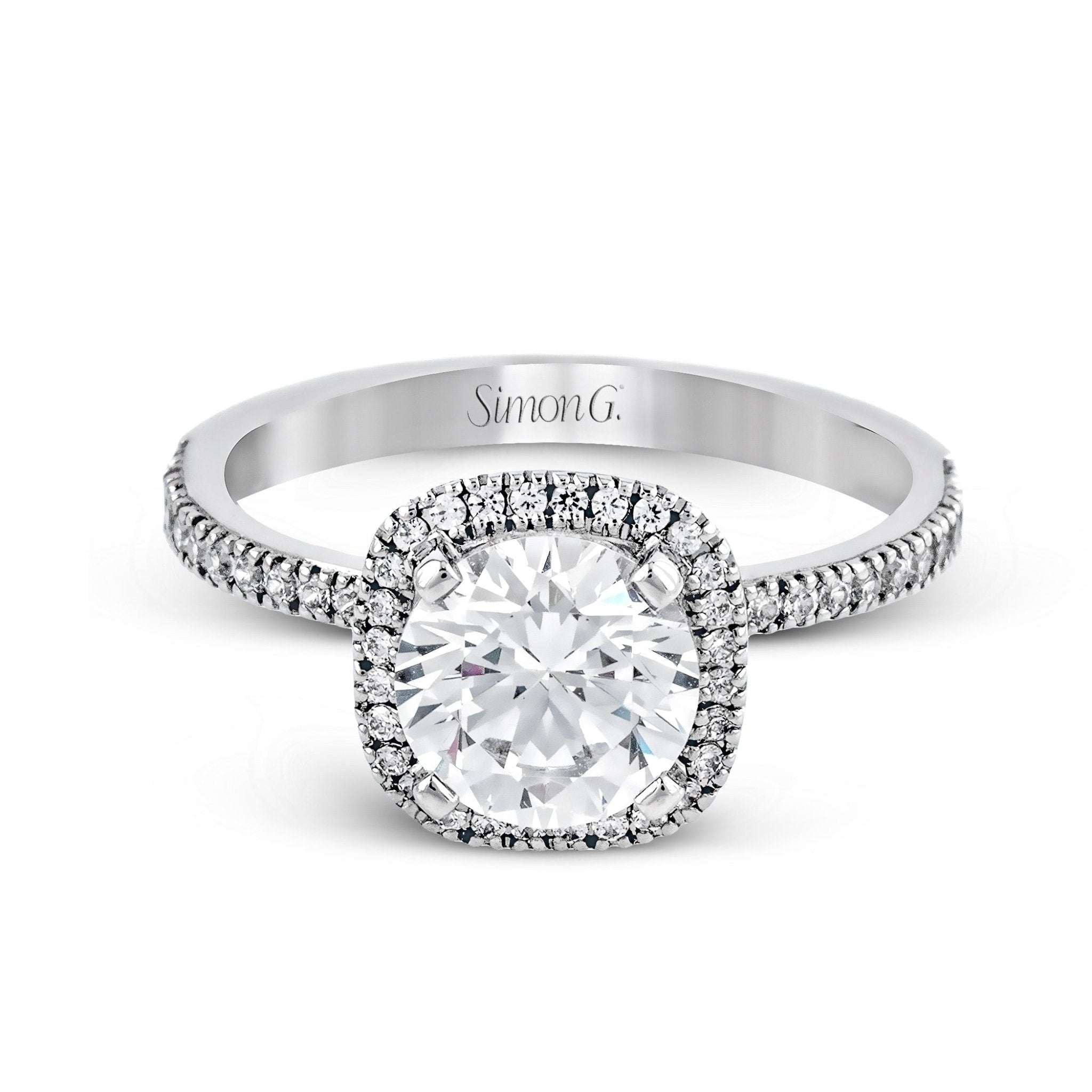 Round - cut Halo Engagement Ring & Matching Wedding Band in 18k Gold with Diamonds - Simon G. Jewelry