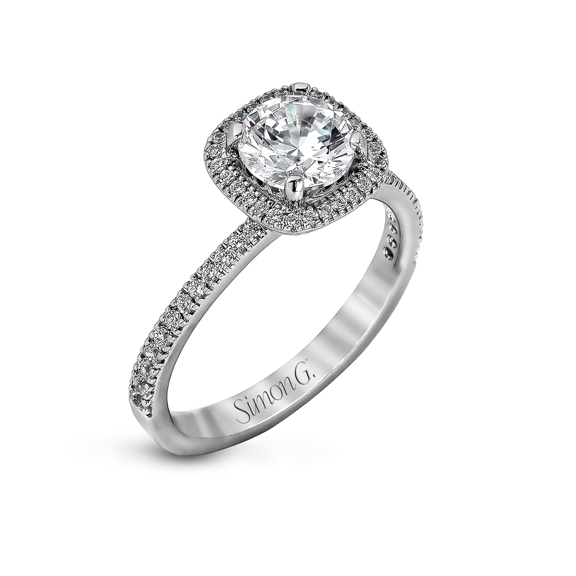 Round - cut Halo Engagement Ring & Matching Wedding Band in 18k Gold with Diamonds - Simon G. Jewelry